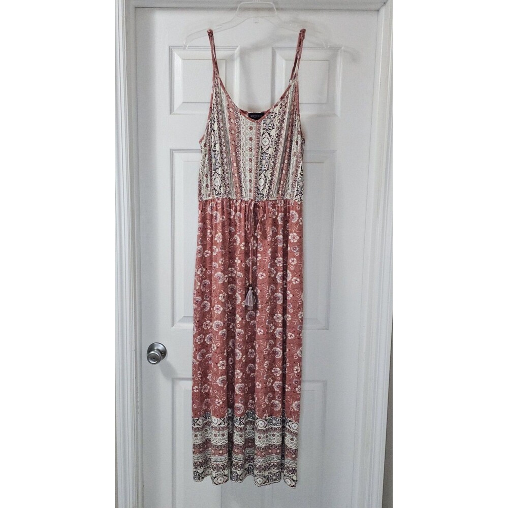Artesia Boho Maxi Dress Sz M Pink Floral Tassel Festival Cottagecore Sundress